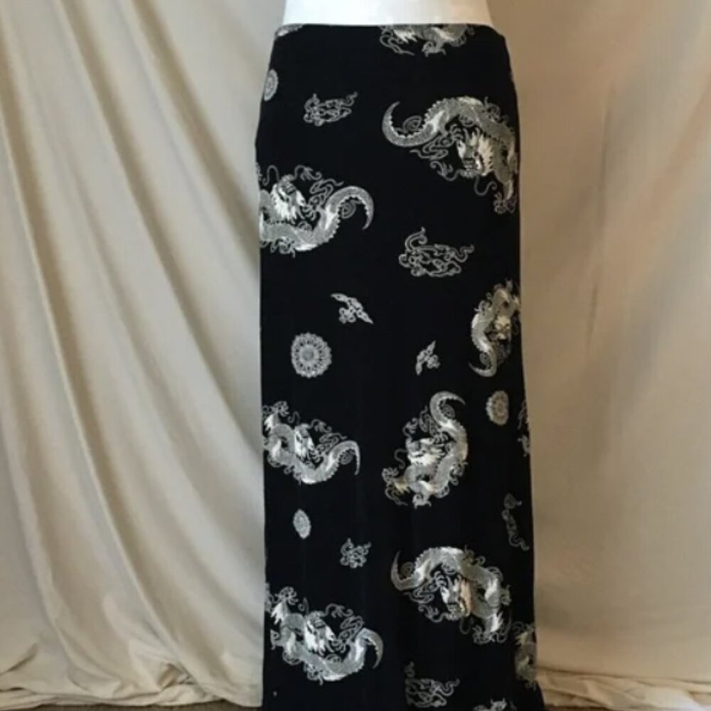 Goth Black Maxi Skirt with Cream Dragon Print, Soft & Stretchy, Juniors Large